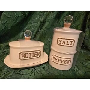 THL Butter Dish Salt Pepper Shakers Crystal Knobs Ceramic Kitchen‎ Set Gold